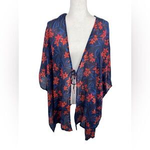 Denim & Co. Women's Beach Tie-Front Cover-Up Top Navy Blue Tropical L/XL